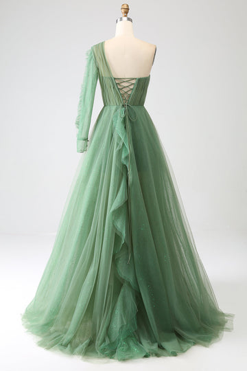 Verde scuro A-Line One-Shoulder abiti lunghi da ballo con maniche lunghe